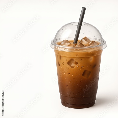 Refreshing Iced Coffee Beverage with Ice Cubes in Clear Plastic Cup on White Background