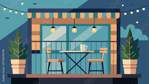 A compact balcony with a small bistro table and string lights.