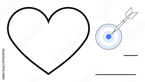 Simple heart outline next to bullseye target with arrow. Ideal for love, relationships, goals, precision, commitment, focus, passion. Clear and simple flat metaphor