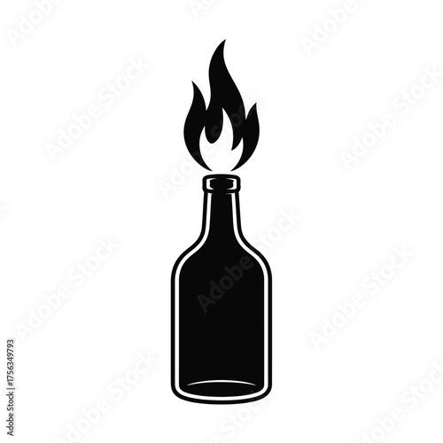 Black silhouette of a molotov cocktail with flames