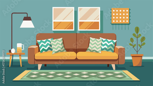 A cozy family room with a mix of textured pillows a patterned area rug and a modern leather sofa.