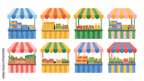 Collection of colorful market stalls with fresh produce and goods