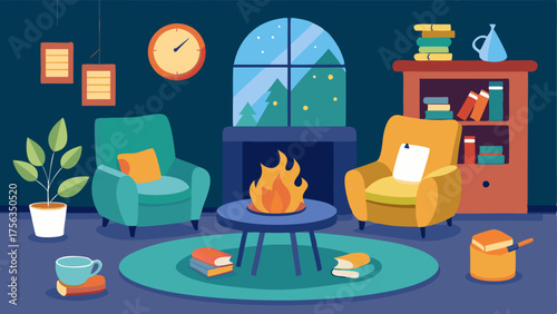 A cozy corner with a fireplace and armchairs perfect for students to relax and brainstorm their writing ideas.