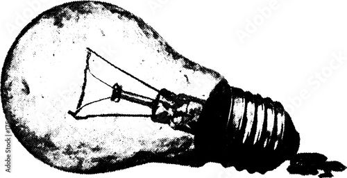 High contrast black and white illustration of a broken light bulb