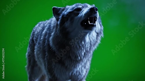 Majestic wolf howling powerfully with mouth open against a vibrant green backdrop.