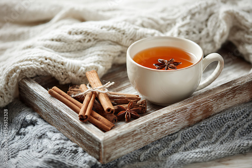 Wallpaper Mural Cozy autumn tea with cinnamon and star anise on a rustic tray, perfect for a relaxing winter evening, evoking warmth and comfort. Torontodigital.ca