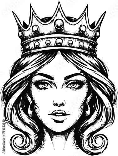 Vector art of woman wearing a crown engraving art design