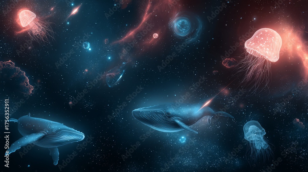 Naklejka premium Surreal cosmic ocean with glowing jellyfish drifting among stars, giant space whales swimming through galaxies, colorful nebula waves, and luminous comets crossing the cosmic sea