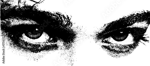 Surreal orbiting eyes illustration in high contrast black and white for artistic design