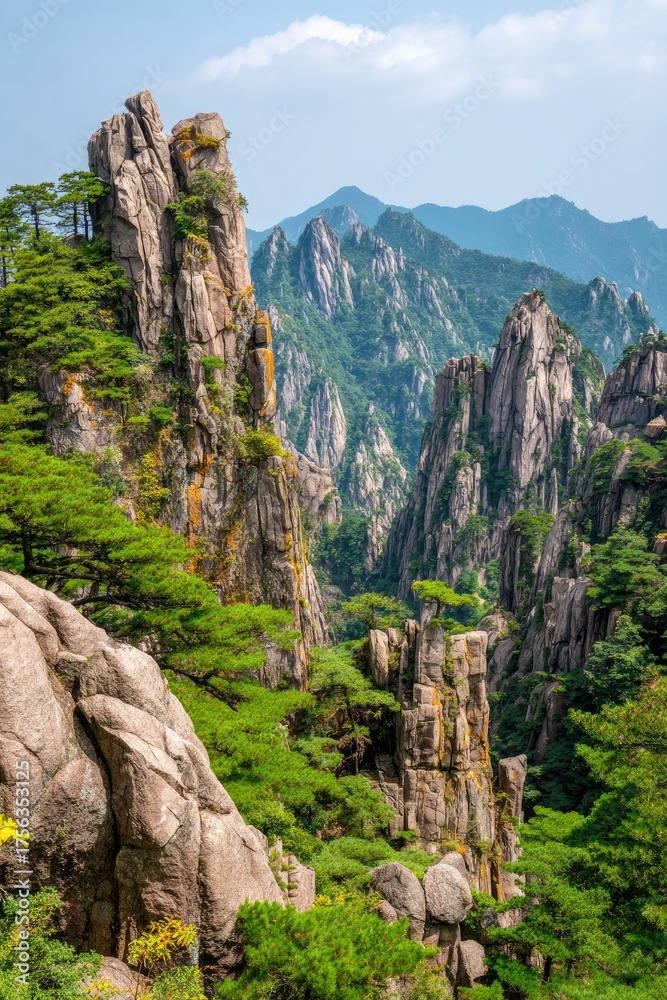 Fototapeta premium Jagged, rocky mountain peaks tower over vibrant green trees under a bright blue sky