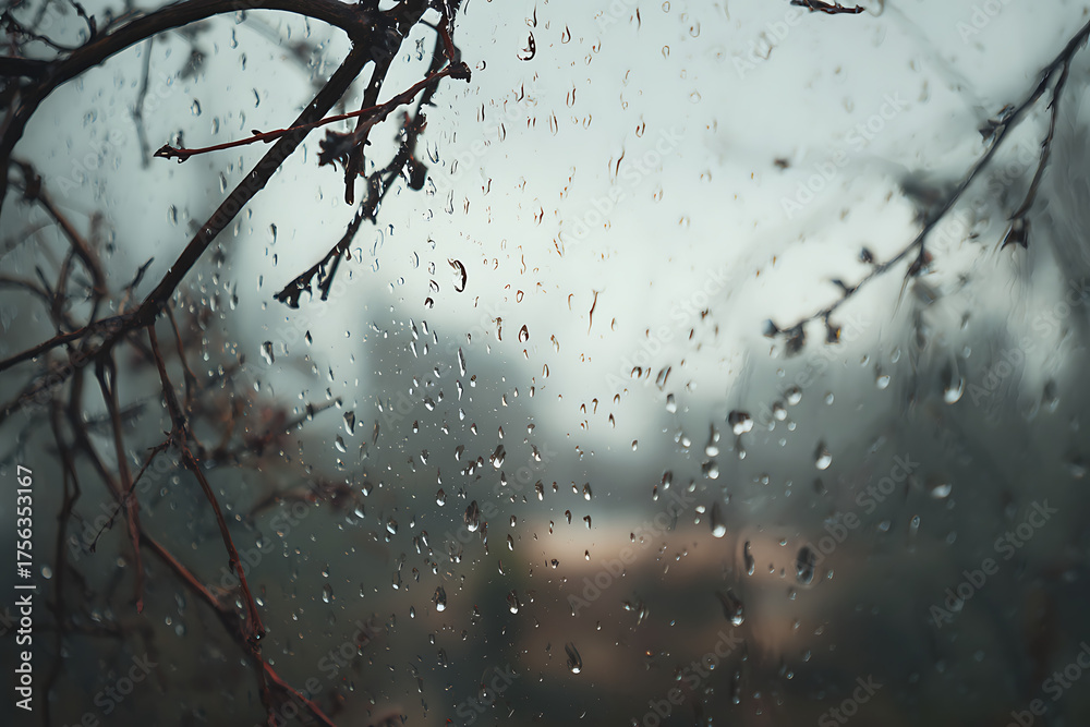 custom made wallpaper toronto digitalRaindrops clinging to glass with bare branches visible, evoking a moody, introspective atmosphere perfect for seasonal themes.