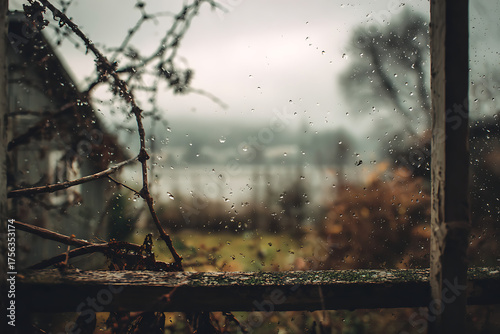 Wallpaper Mural View through rain-streaked window shows desolate branches against a misty, overcast autumn landscape, evoking melancholy and quiet reflection. Torontodigital.ca