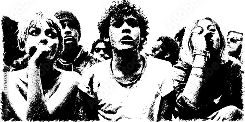 High contrast black and white illustration of faceless crowd for poster and print design