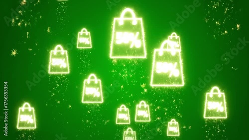 Glowing shopping bags with percentage symbols float in a festive green digital space, suggesting sales and promotions.