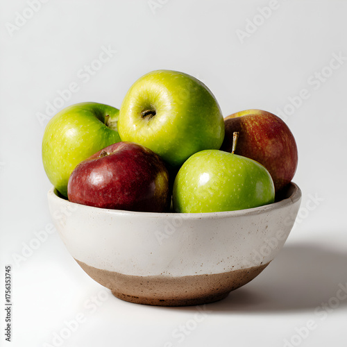 Red and green apples are displayed in a stoneware bowl on a white surface for food photography, posters.