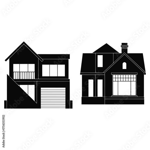 Black silhouettes of two detached houses side by side with garages and balconies home building