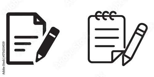 Black and white icon illustration of a notepad and a pencil