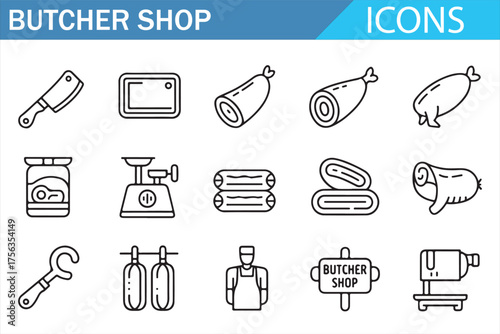 Collection of Butcher Shop Icons in Line Art Style – Butchery Tools, Meat, and Deli Items