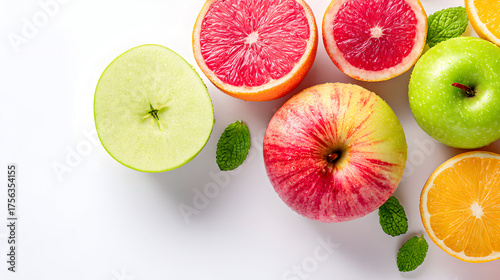 Fresh fruit flatlay on white. Apples, oranges, grapefruit with clean style and bright lighting for food blogging, packaging, and healthy lifestyle designs.
