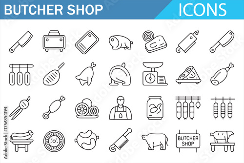 Line Art Icons for Butcher Shop - Set of Meat Processing Tools, Equipment, and Butcher Shop Symbols in Minimalist Style