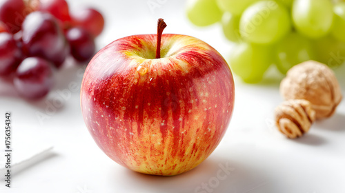 Shiny red apple with grapes and walnuts on a bright surface. Perfect for food blogs, healthy eating concepts, and nutrition posters.