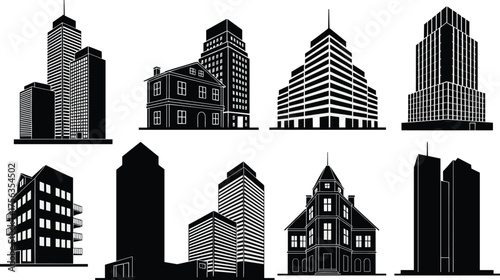 Modern city building silhouette collection, black vector illustration of houses, apartments, skyscrapers, and offices for urban architecture design