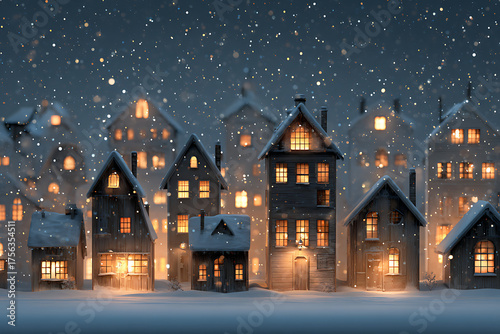Wallpaper Mural Cozy village lights twinkle warmly as gentle snow falls, creating a magical winter wonderland scene perfect for holiday and festive celebrations. Torontodigital.ca