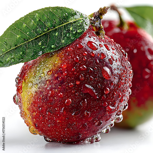 Red mango fruit glistens with water droplets. Close-up lighting highlights natural texture. Great for food photography, recipes, or healthy eating posters.