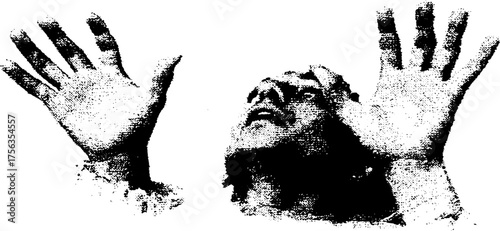Dramatic high contrast black and white illustration of reaching hands