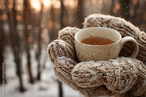 Wallpaper Mural Cozy winter moment, hands in warm knitted mittens holding a steaming cup of tea amidst gentle snowfall and soft sunlight. Torontodigital.ca
