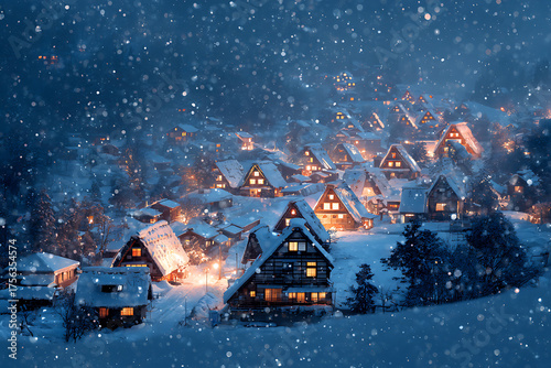 Wallpaper Mural Cozy winter village glows with warm lights under gentle snowfall creating a magical, serene evening scene of tradition and comfort Torontodigital.ca