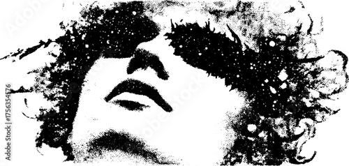 Surreal black and white head illustration with abstract cosmic elements