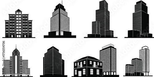 Modern city building silhouettes collection, urban architecture design with skyscrapers and apartments, black vector illustration of real estate structures