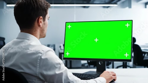 Man working on a computer with a green screen in a modern office. Over the shoulder view of a professional at his desk. Chroma key monitor for mockup