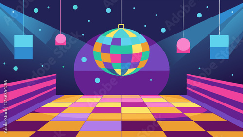 A dance floor with colorful lights and a disco ball ready for a community dance party.