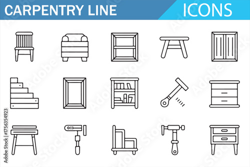 Line Art Carpentry Tools Icons Set - Detailed Collection of Furniture and Tools Illustrations for Woodworking, Joinery, and Carpentry Projects