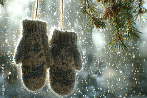 Wallpaper Mural Cozy knitted mittens hang by a sunny window with snowflakes falling outside, evoking warmth and winter comfort. Torontodigital.ca