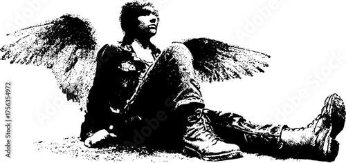 Mysterious angelic figure in black and white high contrast design for tattoo or poster