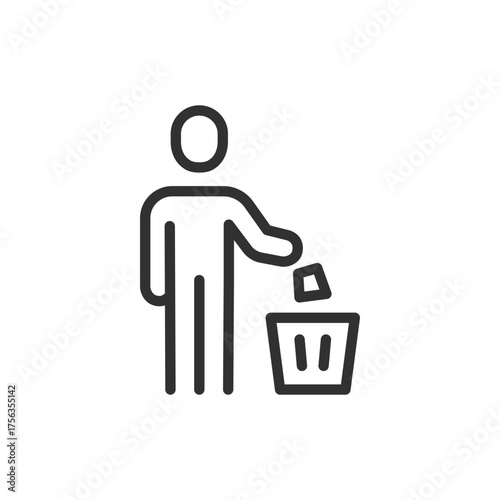 Person throwing paper in bin, linear icon. Job termination and office dismissal. Line with editable stroke.