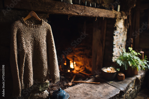 Wallpaper Mural Cozy hand-knitted sweater hangs by a warm, crackling fireplace creating an inviting, rustic atmosphere perfect for cold winter days. Torontodigital.ca