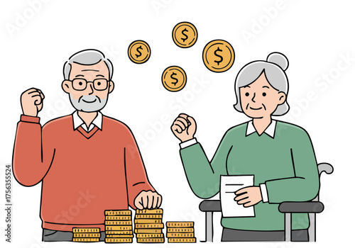 Elderly couple celebrates 'Sark the Money' day, playfully tossing coins. They appear joyful and financially secure, surrounded by stacks of money. A warm, inviting scene.