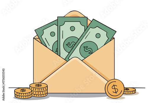 An envelope overflowing with cash sits beside coins, conveying a sense of wealth and opportunity. A playful, modern illustration with a 'Store the Stash' tagline.