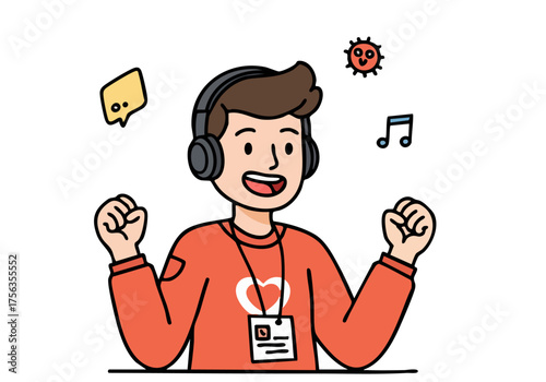 enthusiastic  man wearing lanyard and  celebrates game development He-s surrounded by musical notes a headset and a gear icon conveying excitement and passion Bright modern illustration
