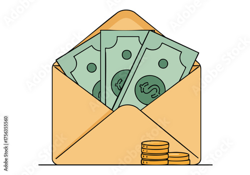 envelope overflowing with cash sits open displaying bills and coins The text 'Store the stash' is prominently displayed warm inviting illustration suitable for finance or savings themes