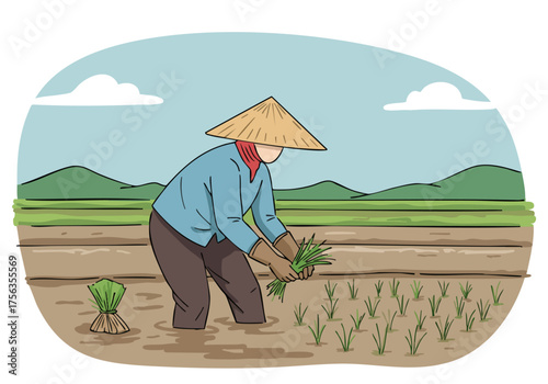 A farmer in a conical hat plants rice seedlings in a flooded paddy field. A serene rural scene with rolling hills in the background.  Warm, earthy tones.