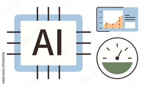 AI chip alongside analytics dashboard showcasing graphs and a speedometer highlighting performance. Ideal for technology, AI, innovation, data science, automation, efficiency, progress. Simple flat