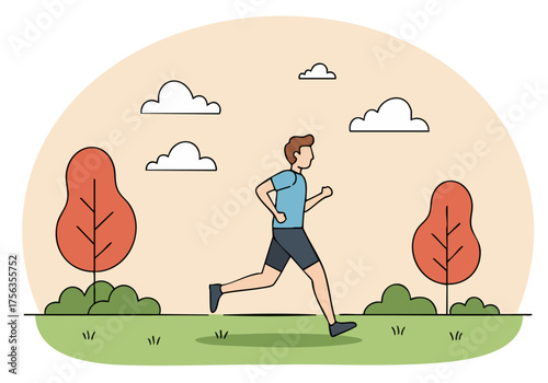 A man runs outdoors on a sunny day, surrounded by trees and a green landscape. A vibrant and active lifestyle scene.
