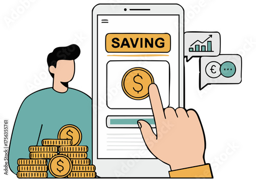 A man uses a smartphone app to track savings, surrounded by money icons and growth charts. Modern, digital finance illustration. Great for financial apps and investment concepts.