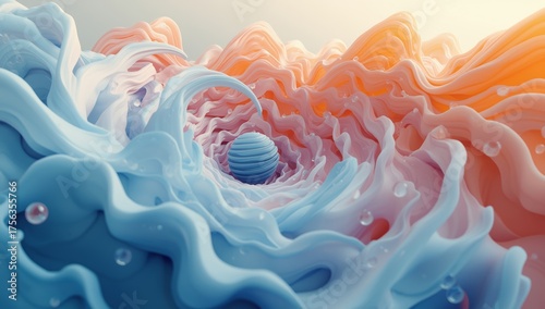 Formas fluidas en un mundo de color pastel que evocan serenidad y belleza en un paisaje abstracto iluminado por luz suave