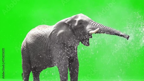 Majestic elephant spraying water with its trunk on a vibrant green background